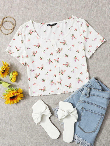 Lettuce Trim Rib-knit Floral Crop Top - takostyle