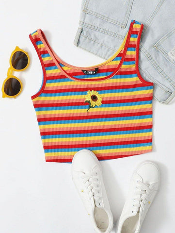 Sunflower Embroidered Rainbow Striped Rib-knit Tank Top - takostyle