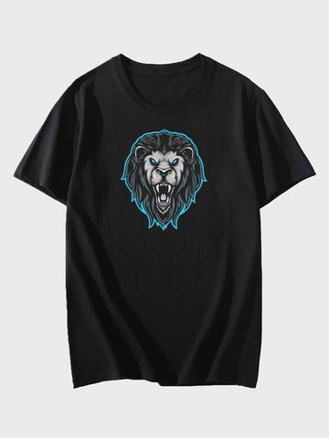 Men Lion Print Round Neck Tee