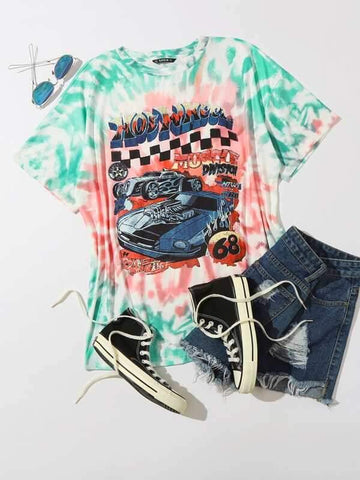 Drop Shoulder Letter and Car Print Tie Dye Top - takostyle