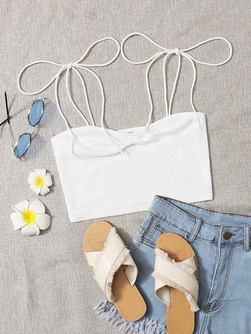 Tied Shoulder Ruched Front Rib-knit Crop Cami Top - takostyle
