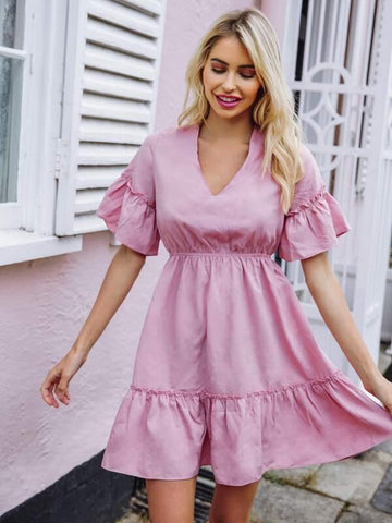 Tied Open Back Flounce Sleeve Frill Trim Dress - takostyle