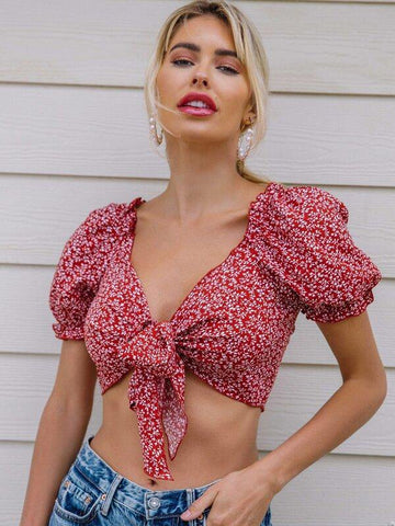 Ditsy Floral Puff Sleeve Tie Front Crop Top - takostyle