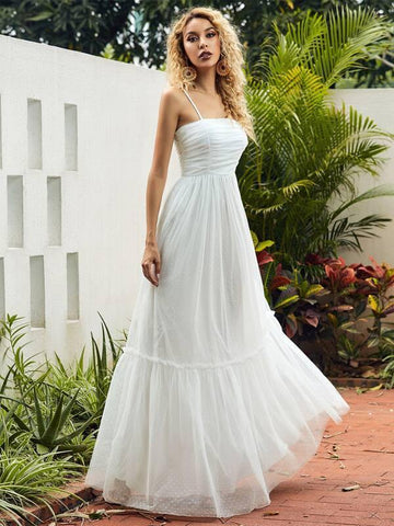 Missord Ruched Ruffle Hem Swiss Dot Cami Prom Dress - takostyle