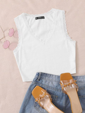 Lace Trim Rib-knit Tank Top - takostyle