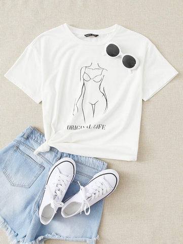 Figure and Letter Print Tee - takostyle