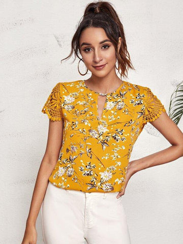 Guipure Lace Sleeve Keyhole Floral Top - takostyle