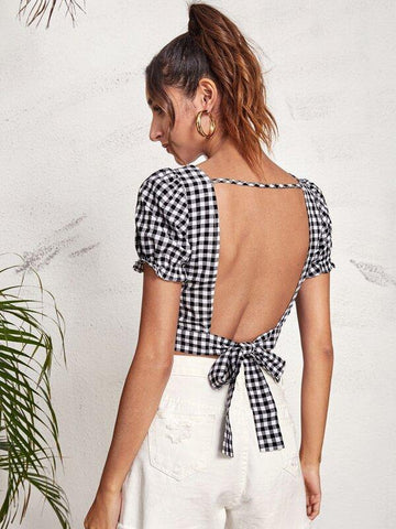 Square Neck Tied Open Back Gingham Top - takostyle