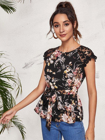 Guipure Lace Raglan Sleeve Self Belted Floral Top - takostyle