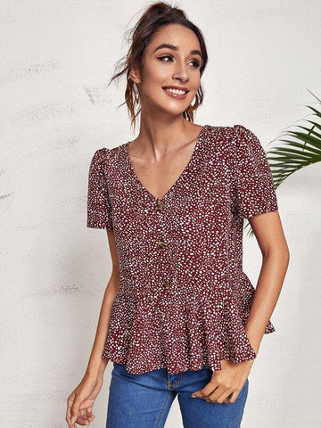 Button Front Dalmatian Print Smock Top - takostyle