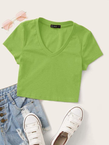 V-Neck Rib-knit Crop Top - takostyle