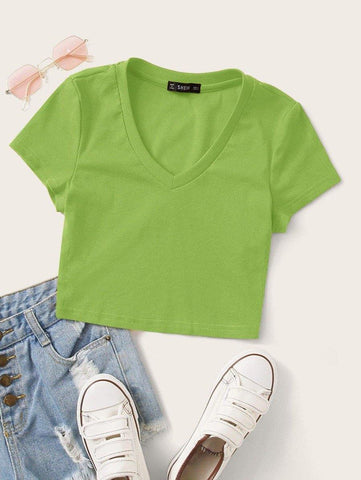 V-Neck Rib-knit Crop Top - takostyle