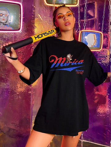 Eagle & Letter Graphic Oversized Tee - takostyle