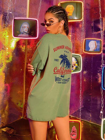 Coconut Tree And Slogan Graphic Drop Shoulder Tee - takostyle