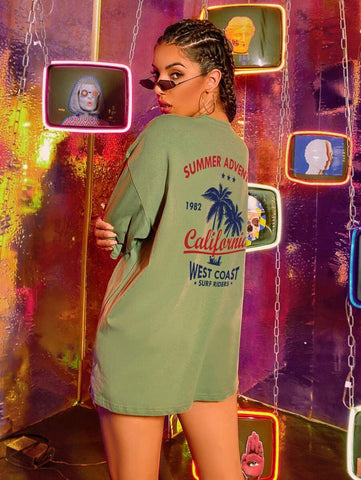 Coconut Tree And Slogan Graphic Drop Shoulder Tee - takostyle