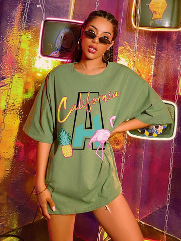 Letter & Flamingo Print Drop Shoulder Tee - takostyle