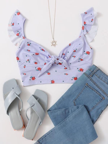 Ruffle Strap Tie Front Floral Print Crop Top - takostyle