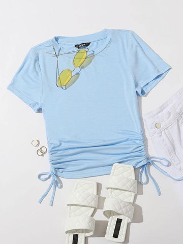 Drawstring Side Solid Tee - takostyle