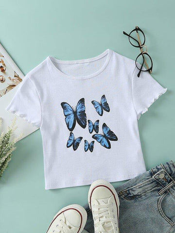 Butterfly Print Lettuce Trim Tee - takostyle