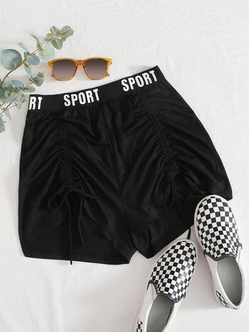 Letter Tape Drawstring Ruched Track Shorts - takostyle