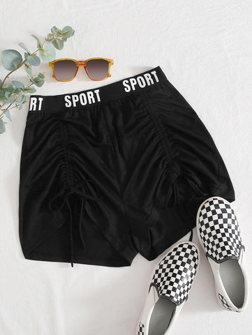 Letter Tape Drawstring Ruched Track Shorts - takostyle