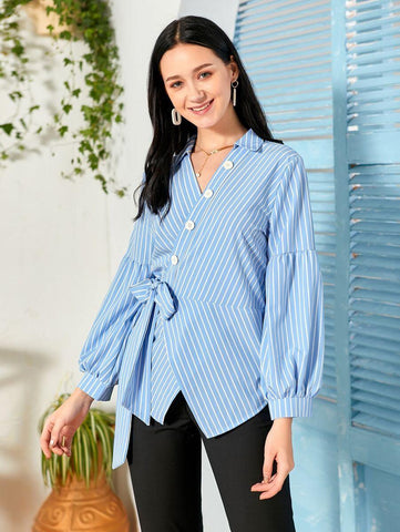 Striped Button Front Knot Wrap Blouse - takostyle