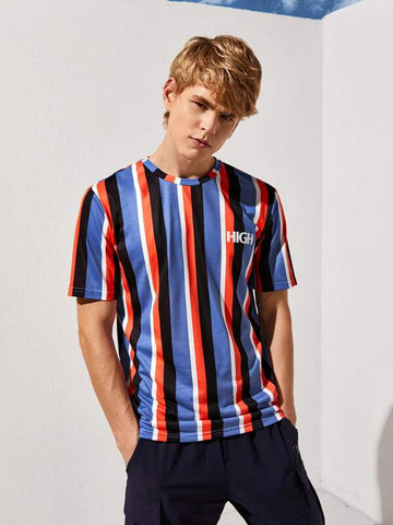 Men Letter Graphic Striped Colorblock Tee