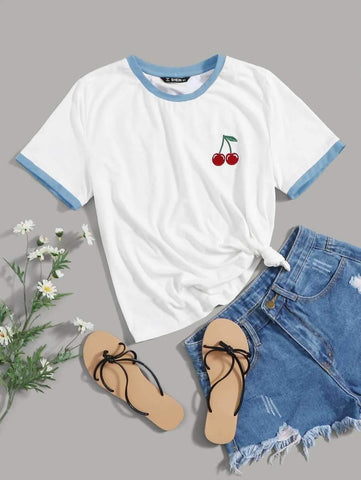 Embroidered Cherry Ringer Tee - takostyle