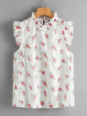 Ruffle Neck and Armhole Eyelet Embroidered Floral Top - takostyle