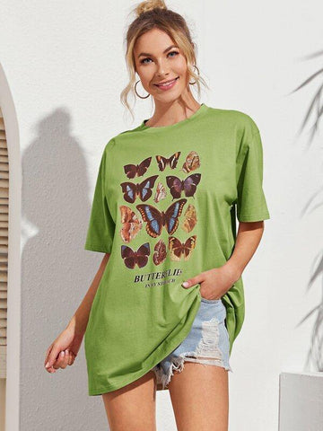 Butterfly And Slogan Graphic Oversized Tee - takostyle