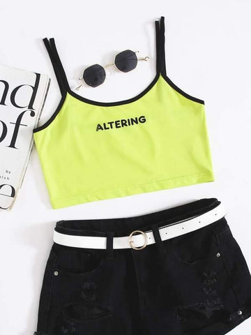 Neon Green Letter Graphic Double Strappy Crop Top - takostyle