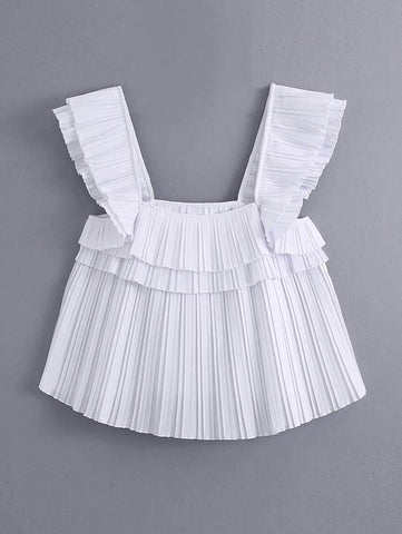 Pleated Tiered Ruffle Solid Top - takostyle