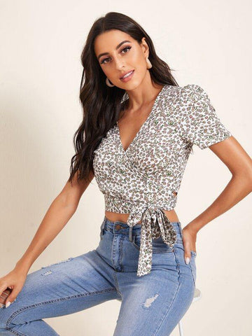 Wrap Tie Front Daisy Floral Top - takostyle