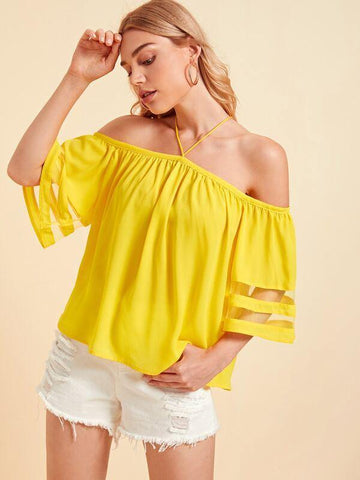 Cold Shoulder Mesh Insert Sleeve Top - takostyle