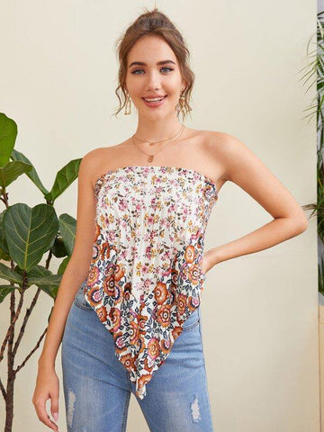 Floral Print Shirred Bandana Tube Top - takostyle