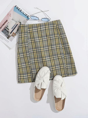 Split Hem Tartan Skirt - takostyle