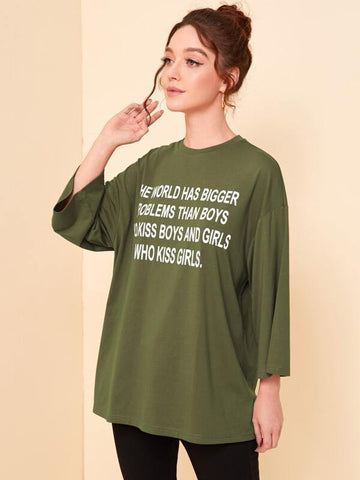 Drop Shoulder Slogan Graphic Top - takostyle