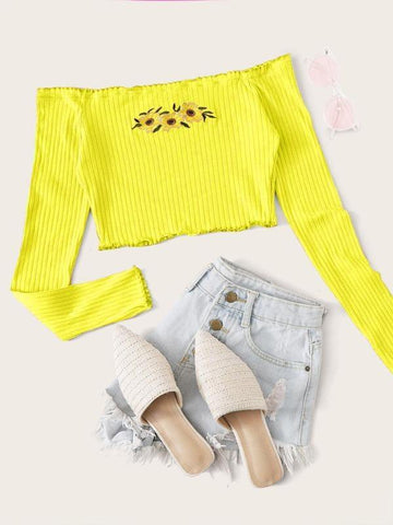Sunflower Embroidered Lettuce Trim Rib-knit Top - takostyle