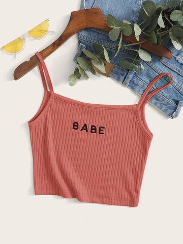 Letter Embroidery Rib-knit Crop Cami Top - takostyle
