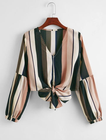 Block Striped Tie Hem Crop Blouse - takostyle