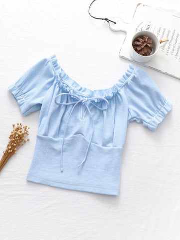 Tie Front Frill Trim Crop Tee - takostyle