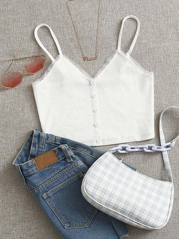 Button Front Lace Detail Rib-knit Cami Top - takostyle