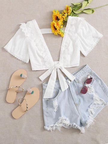 Guipure Lace Trim Cutout Back Tie Hem Swiss Dot Top - takostyle