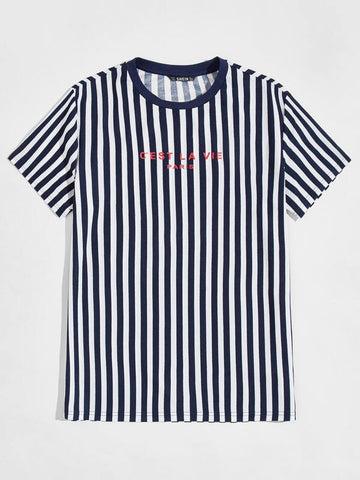 Men Two Tone Striped Slogan Graphic Tee